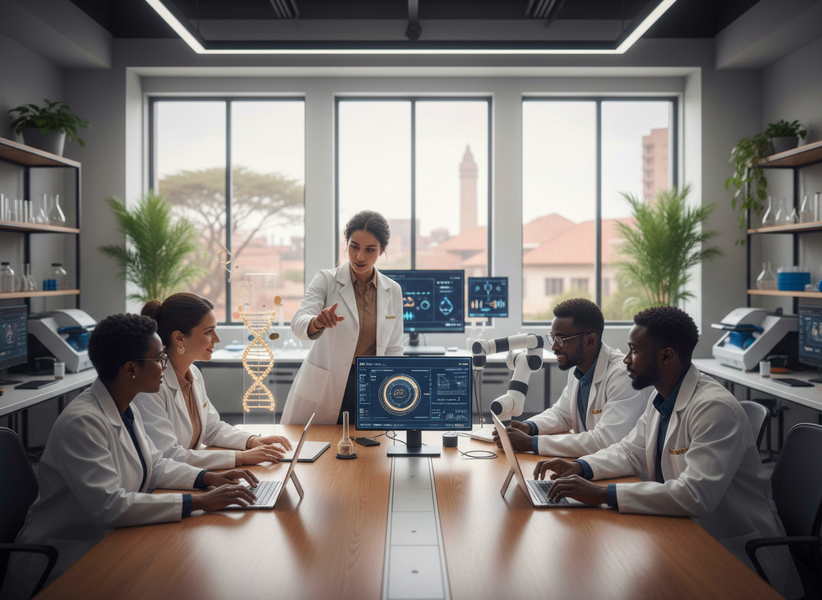 Diverse African researchers and innovators collaborating in a modern research and innovation lab